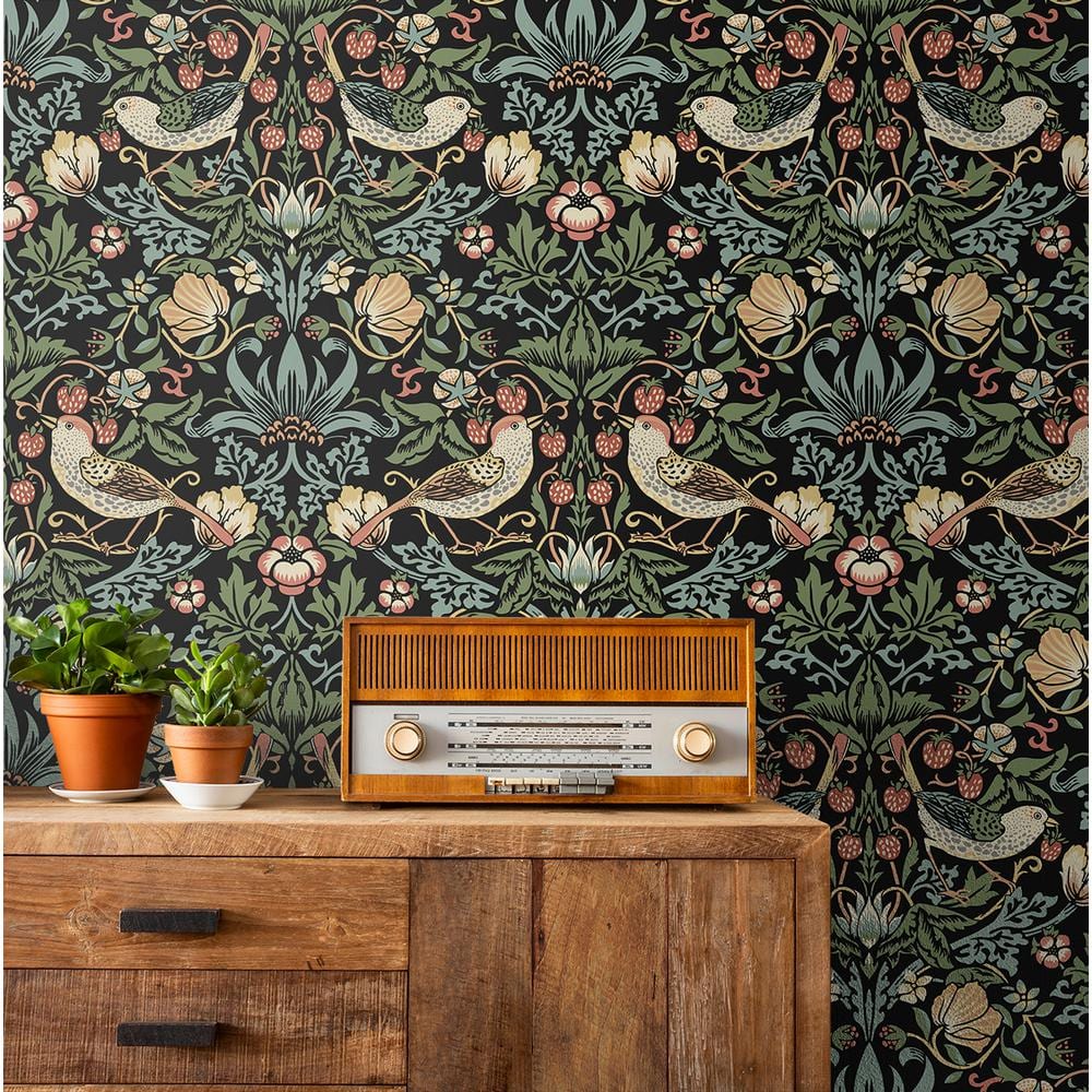 Ebony Garden Bird and Floral Peel and Stick Wallpaper