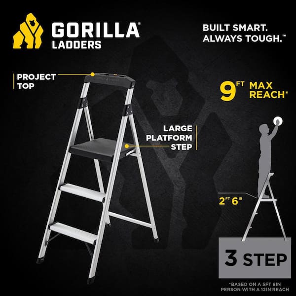 3-Step Aluminum Step Stool Ladder, 250 lbs. Type I Duty Rating (9ft. Reach Height)