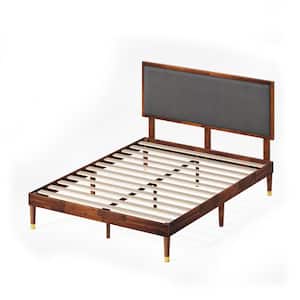 Raymond Brown Wood Full Platform Bed Frame with Adjustable Upholstered Headboard