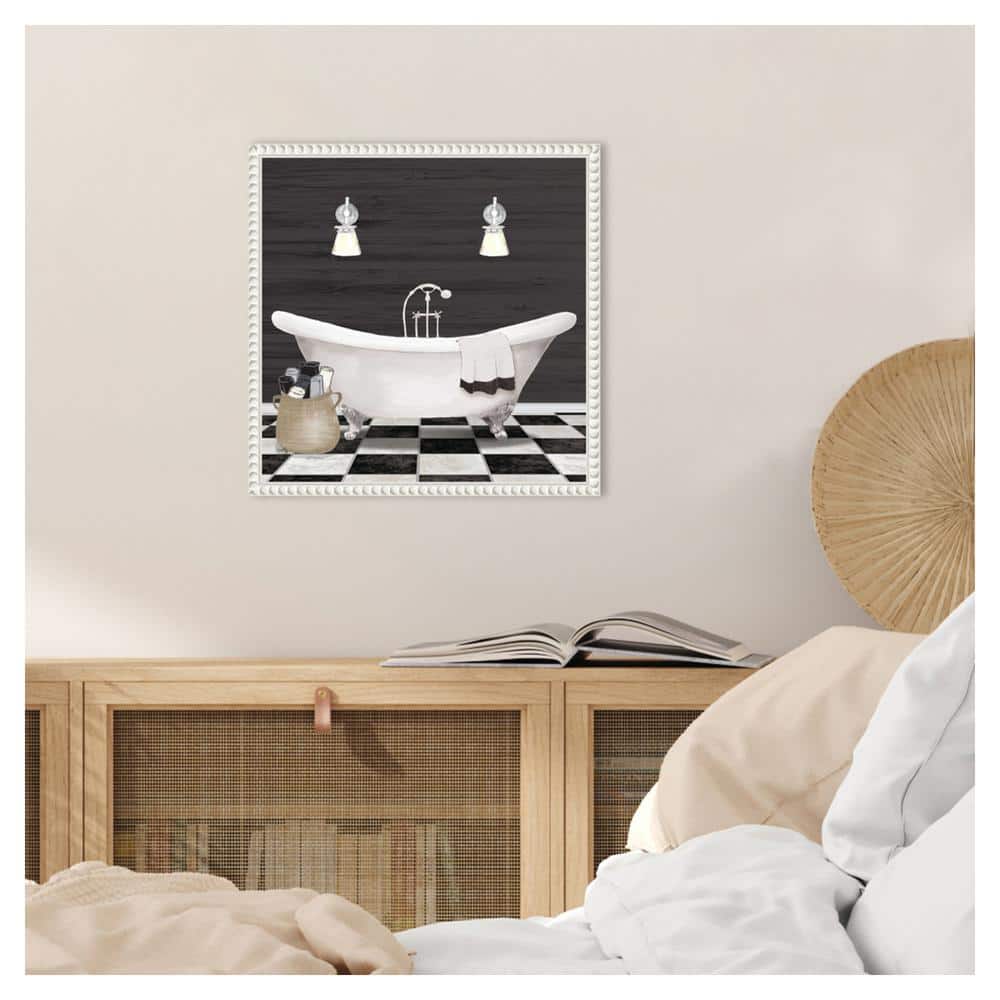 Modern Bathroom I White Canvas Wall Art with Beaded Frame