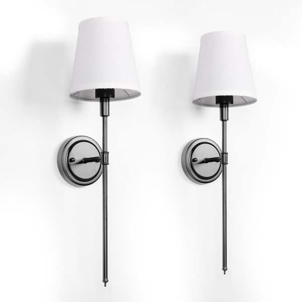 6.3 in. 1-Light Black Industrial Wall Sconce, Design with White Fabric Shade for Bedroom and Bathroom (2-Pack)