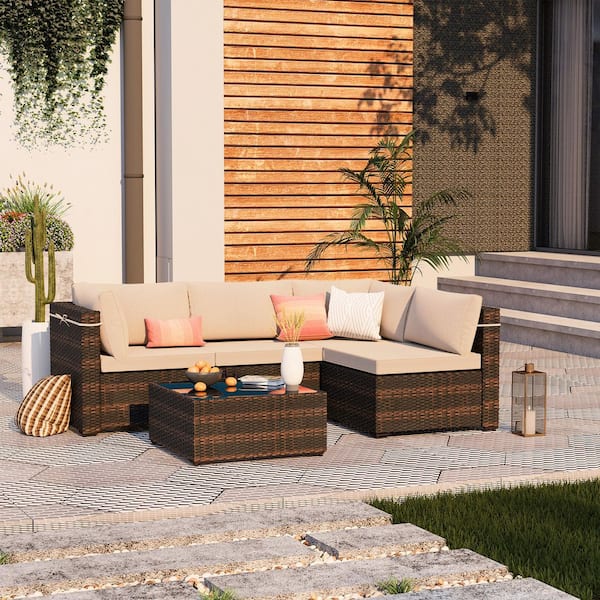 UPHA 5-Piece Brown Wicker Patio Conversation Set Outdoor Sectional Sofa Set with Coffee Table and Beige Cushions