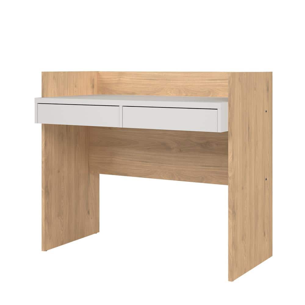 Compact White and Hickory Wood Writing Desk with Drawers