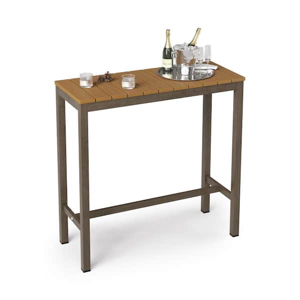 LUE BONA Humphrey 39 in. Teak Plastic HDPS Outdoor Bar Table Patio Waterproof Pub Height Dining Table For Balcony Poolside Indoor
