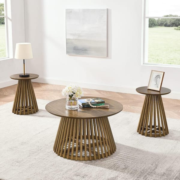 Zeus & Ruta 15.75 in. Diameter x 19.7 in. Solid Wood Round Coffee Table in Walnut Brown For Living Room
