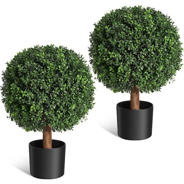 Unbranded 24 in. Artificial Topiary Boxwood Ball Trees, Set of 2 UV Resistant Plants, Faux Boxwood with Pots