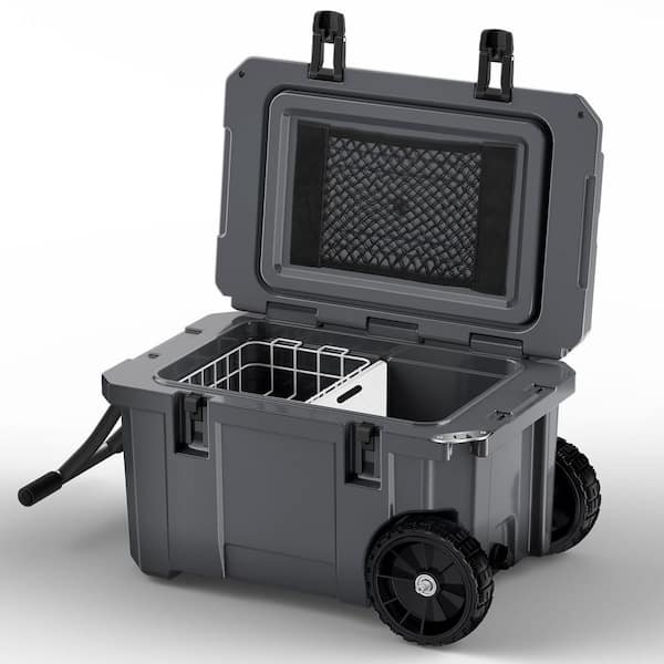 27.5 in. 55-Quart Cooler with Wheels, Warming Drawer, Leak-Proof Outdoor Insulated Cooler with Handle, Cup Holders, Grey