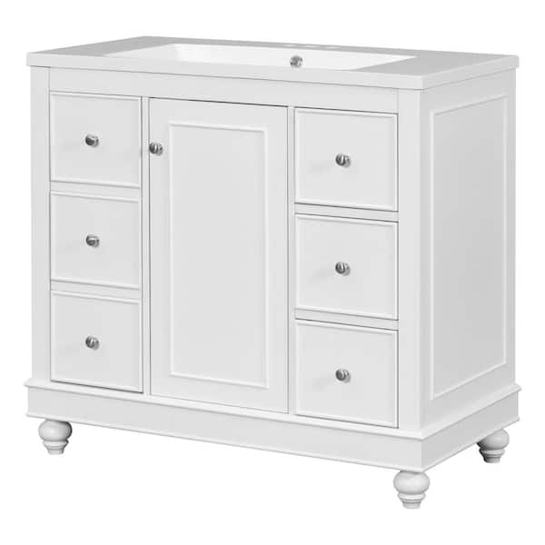 COWLOWN 36 in. W x 18 in. D x 33.87 in. H Freestanding Bath Vanity in White with White Ceramic Sink 4 Drawers and 1 Cabinet Door