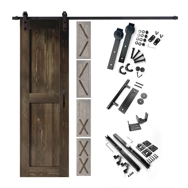 HOMACER 24 in. x 80 in. 5-in-1 Design Ebony Solid Pine Wood Interior Sliding Barn Door with Hardware Kit, Non-Bypass