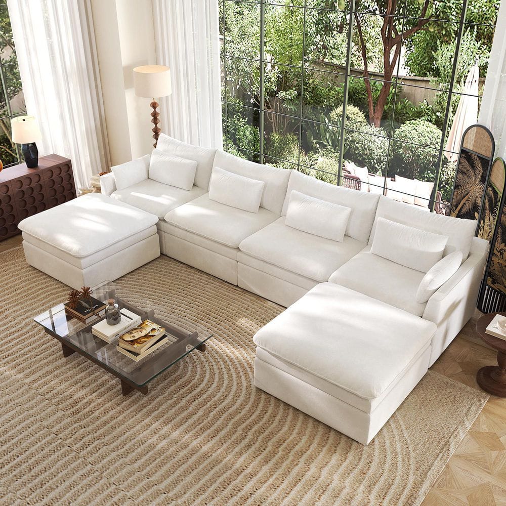 156 in. Oversized Square Arm 6-Piece Polyester Feathers U-Shaped Sectional Sofa with Ottoman for Living Room in White price history on PriceWatchPro