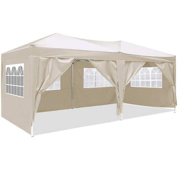 Huluwat 10 ft. x 20 ft. Beige Pop-Up Canopy with 6-Removable Sidewalls, Carrying Bag and 4-Weight Bags, UPF 50