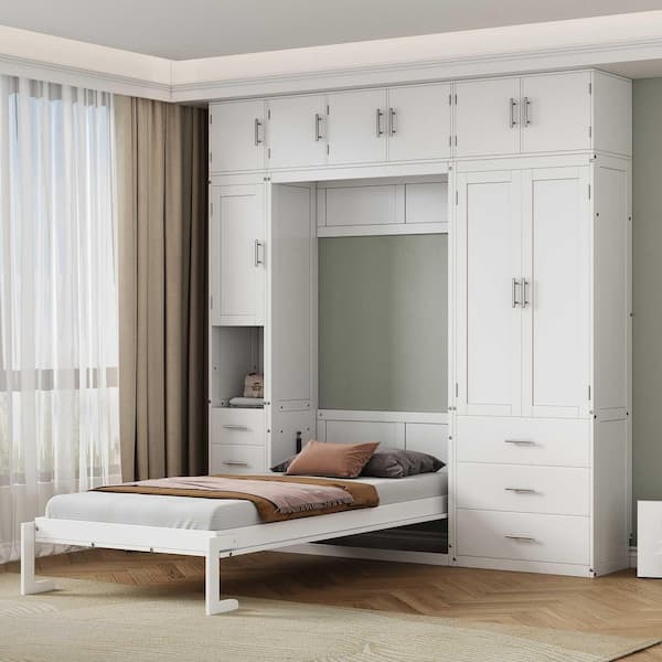 White Wood Frame Twin Size Murphy Bed with Lockers and Wardrobes