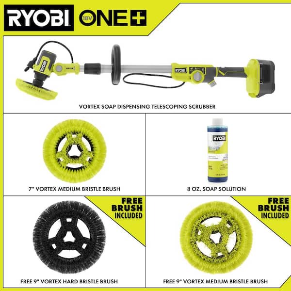 ONE+ 18V Cordless Soap Dispensing Scrubber (Tool Only) with (2) 9 in. VORTEX Hard and Medium Brushes