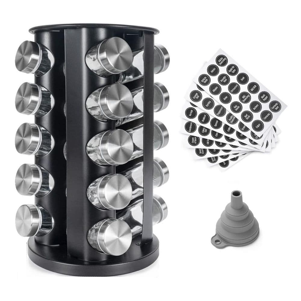 Countertop Black Revolving Spice Organizer Carousel Tower with 20 Empty Glass Jars and 135 Labels Set price history on PriceWatchPro