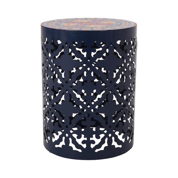 Unbranded Dark Blue Mesh Powder Coated Metal Outdoor Side Table With Lace Cut Design