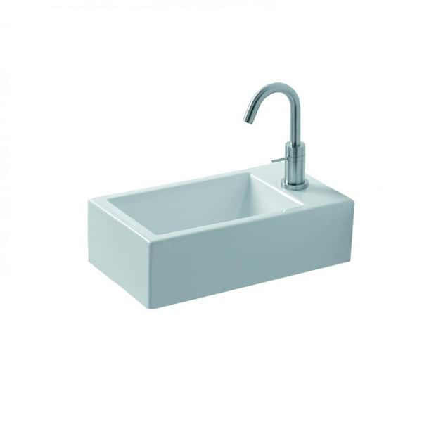 WS Bath Collections Wall Mounted Bathroom Sink in Ceramic White with Basin to the Left of the Faucet