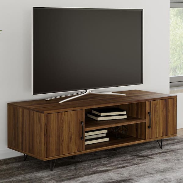 Lavish Home 15.75 in. Dark Walnut TV Stand Entertainment Center TVs Up to 50 in. with 2-Doors, Media Shelves and Cord Management