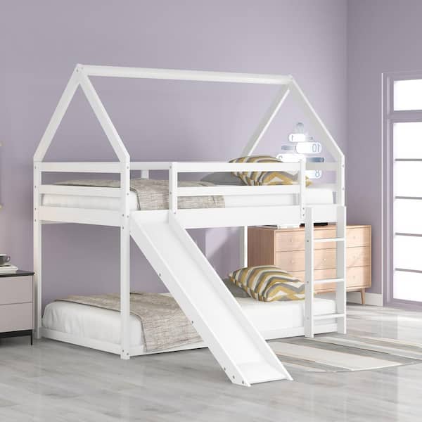 Polibi Twin Size Bunk House Bed with Slide and Ladder, White