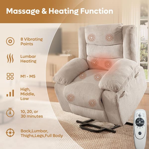 40 in. W Off-White Power Lift Recliner Chair, Electric Chairs with 8-Point Massage and Heating
