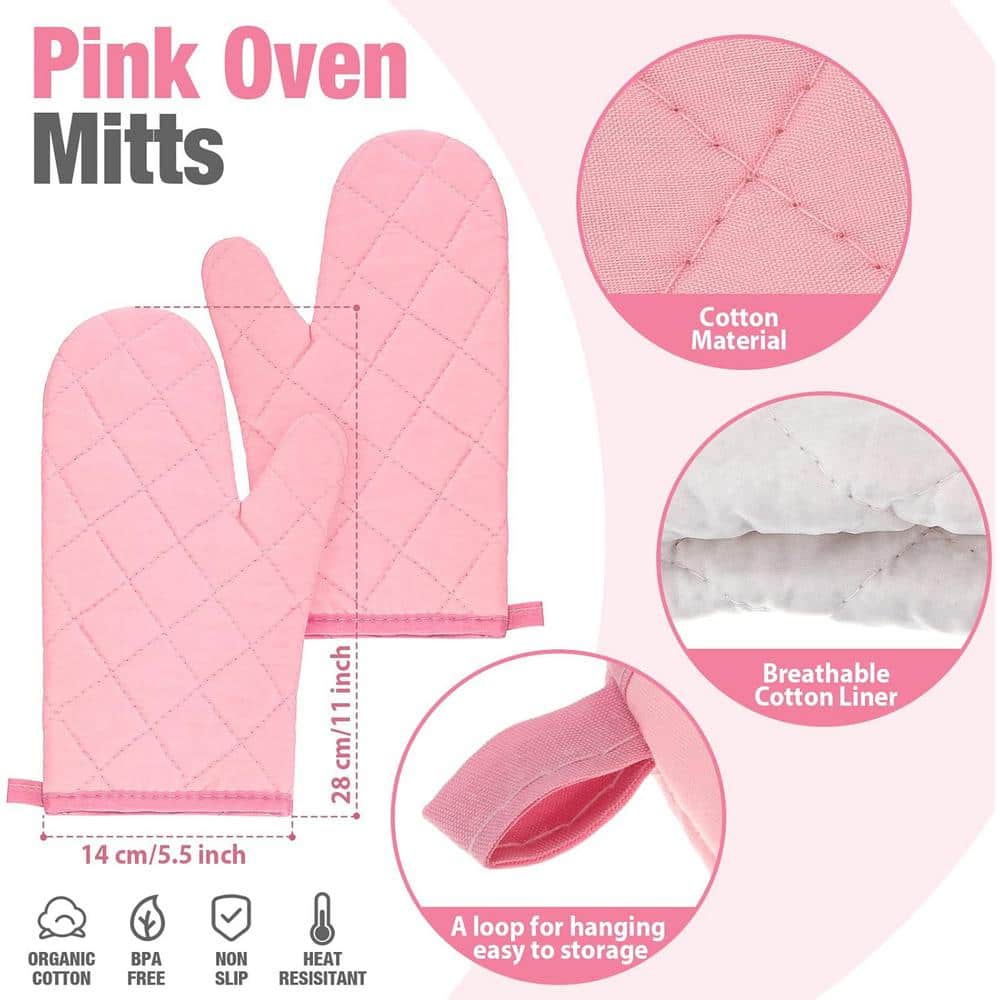 Pink and White Cotton Oven Mitts and Pot Holders Set