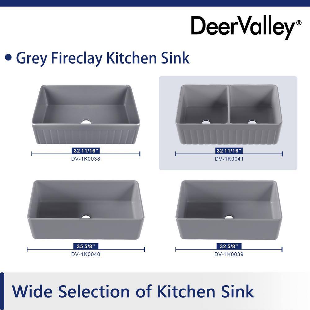 Gray Fireclay Double Bowl Farmhouse Kitchen Sink with Grid and Strainer