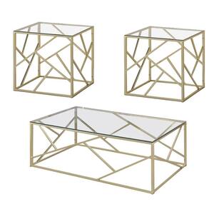 3-Piece 48 in. Gold/Clear Large Rectangle Glass Coffee Table Set with Open Geometric Base