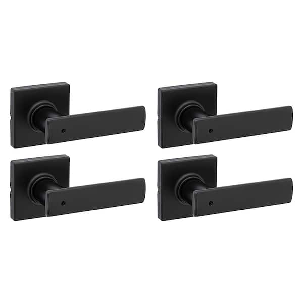 Kwikset Breton Square Matte Black Bedroom Bathroom Door Handle Featuring Microban with Lock (4-Pack)
