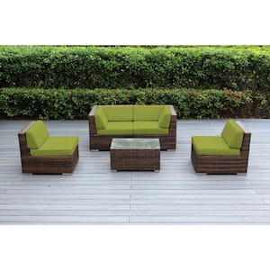 Ohana Mixed Brown 5-Piece Wicker Patio Seating Set with Supercrylic Peridot Cushions