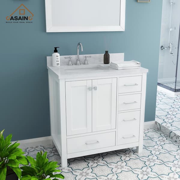 36 inch Single Solid Wood Bathroom Vanity Set, with Drawers, Carrara White Marble Top, 3 Faucet Hole, White, Size: Large