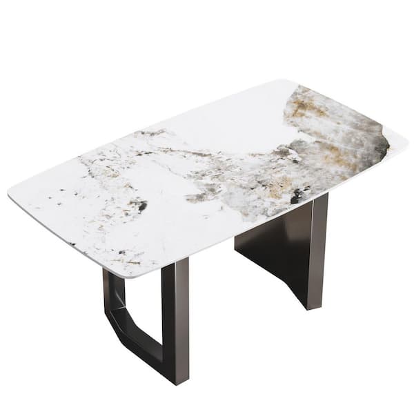Magic Home 63 in. Round Edge Sintered Stone Pandora Rectangle Top Double Pedestal 2-Grey Titanium Metal Base Dining Table (Seats-6)