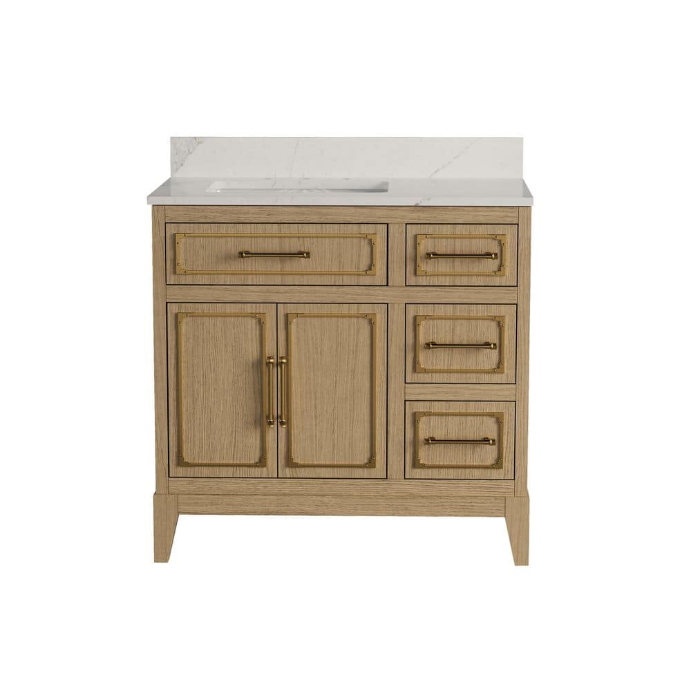 STEELOAK 36 in. Freestanding OAK Solid Wood Bath Vanity with Calacatta White Quartz Top, Soft-Clos,Backsplash, Assembled price history on PriceWatchPro