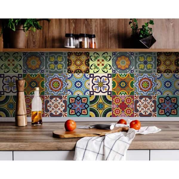7 in. Green Auguri Flora Peel And Stick Removable Tiles