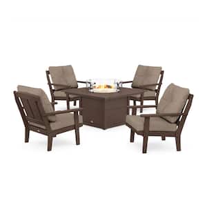 Mission 5-Pieces Plastic Patio Fire Pit Deep Seating Set in Mahogany with Spiced Burlap Cushions