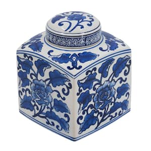 Hand Painted Square Canister 5 in. x 5 in. x 8 in. Blue/White