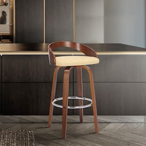 Sonia 30 in. Swivel Cream/Walnut Faux Leather and Wood Bar Stool