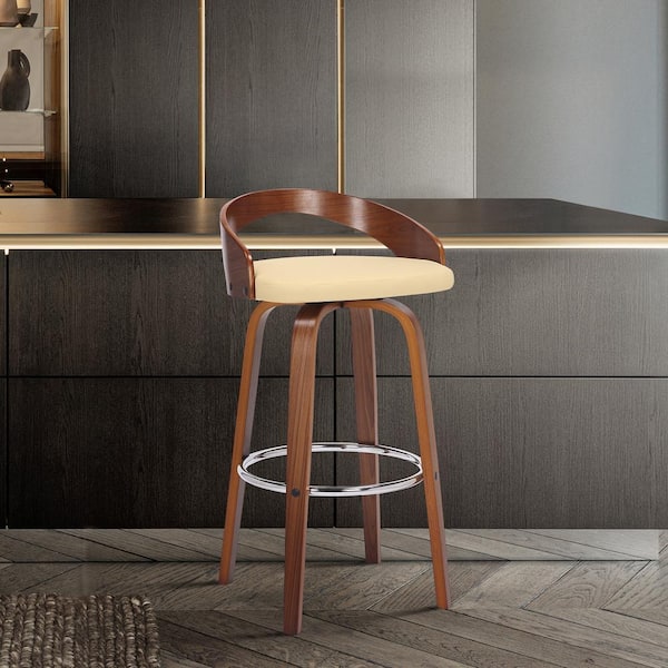 Armen Living Sonia 30 in. Swivel Cream/Walnut Faux Leather and Wood Bar Stool