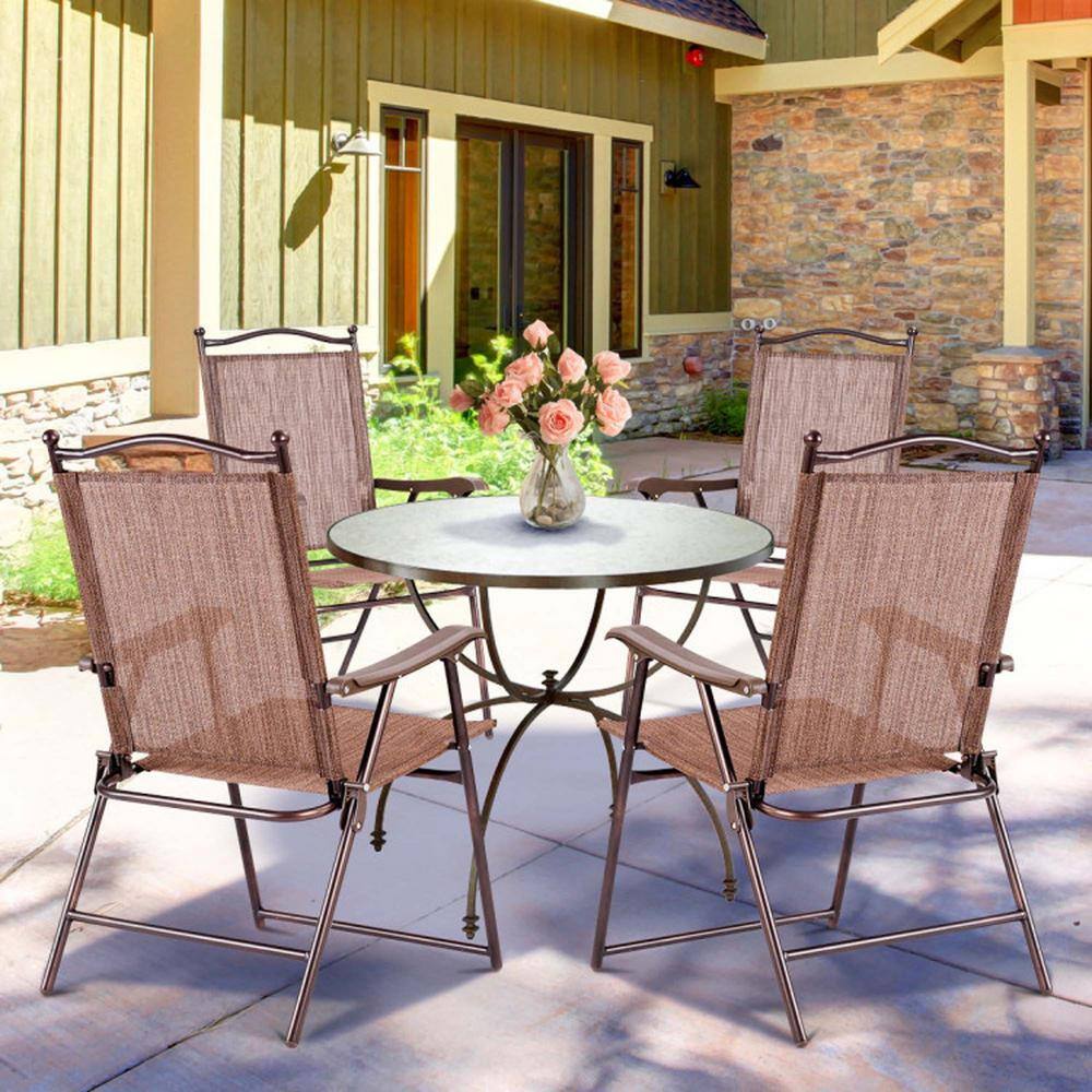 Brown Steel Frame Folding Patio Chairs Set of 2