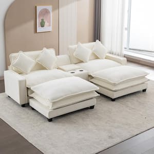 112.6 in. Wide Square Arm Chenille Rectangle Modern Upholstered Removable Ottoman Sofa in Beige