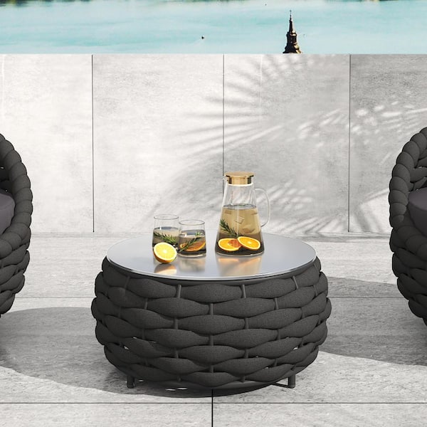 Black Aluminum Round Polyester Woven Patio Coffee Table Outdoor Side Table with Rock Slab Top 26 in.