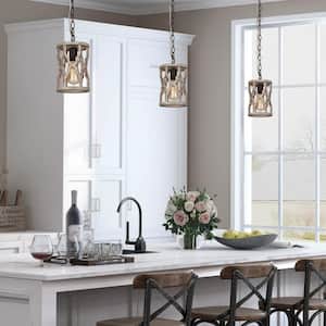 Farmhouse 1-Light Rustic Bronze Drum Pendant Light with Wooden Open Cage Frame