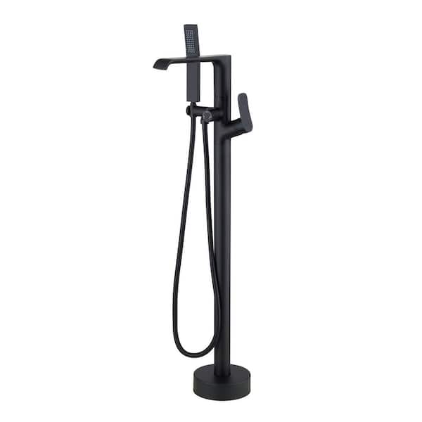 ELLO&ALLO Single-Handle Freestanding Floor Mount Tub Faucet Bathtub Filler with Hand Shower in Matte Black