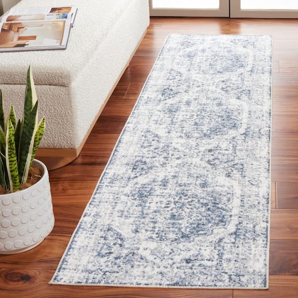 Baltimore 2 ft. x 8 ft. Light Gray/Blue Machine Washable Distressed Medallion Runner Rug