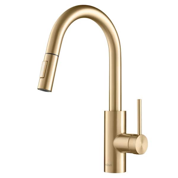 KRAUS Oletto Single Handle Pull-Down Kitchen Faucet with Dual-Function Sprayer in Brushed Brass