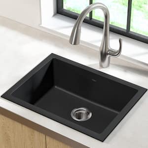 Drop-in/Undermount Granite Composite 24 in. Single Bowl Kitchen Sink Kit in Black