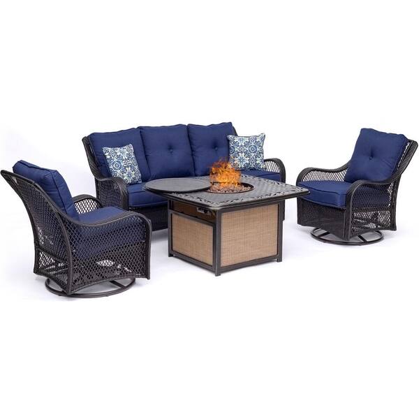 Hanover Orleans 4-Piece All-Weather Wicker Patio Fire Pit Conversation Set with Navy Blue Cushions and Table