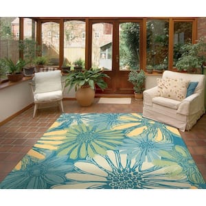 Home and Garden Daisies Blue 8 ft. x 11 ft. Floral Contemporary Indoor/Outdoor Patio Area Rug