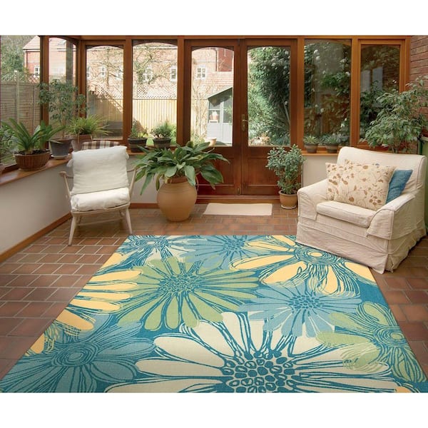Home and Garden Daisies Blue 8 ft. x 11 ft. Floral Contemporary Indoor/Outdoor Patio Area Rug