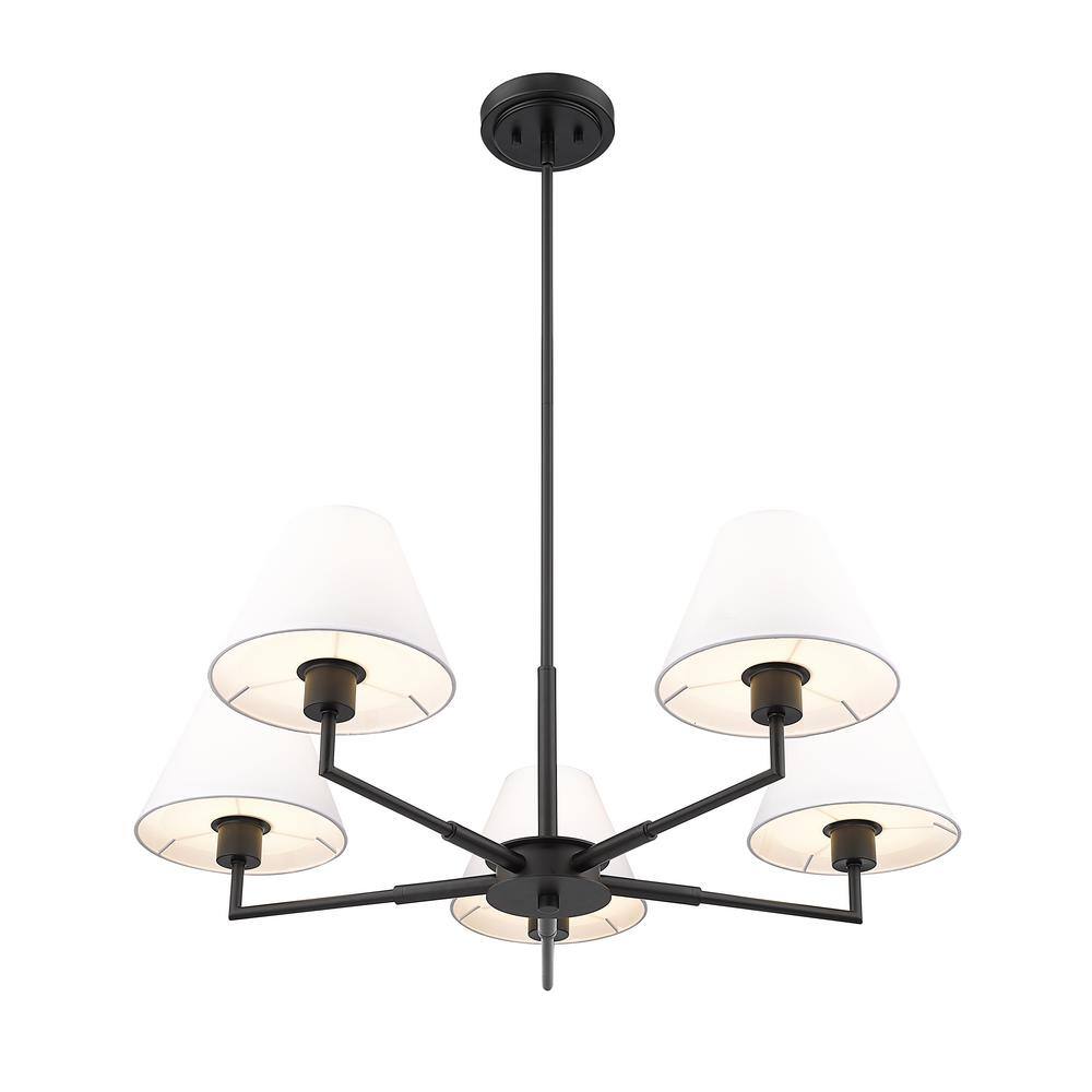 Matte Black 5-Light Chandelier with White Fabric Shades