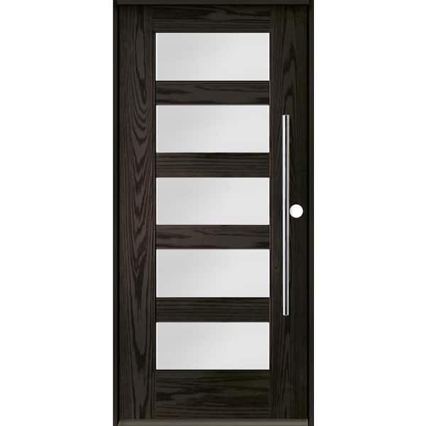 Krosswood Doors Modern Faux Pivot 36 in. x 80 in. 5 Lite Left-Hand/Inswing Satin Glass Baby Grand Stain Fiberglass Prehung Front Door