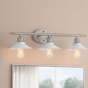 Glenhurst 25 in. 3-Light Industrial Farmhouse White and Brushed Nickel Bathroom Vanity Light Fixture with Metal Shades
